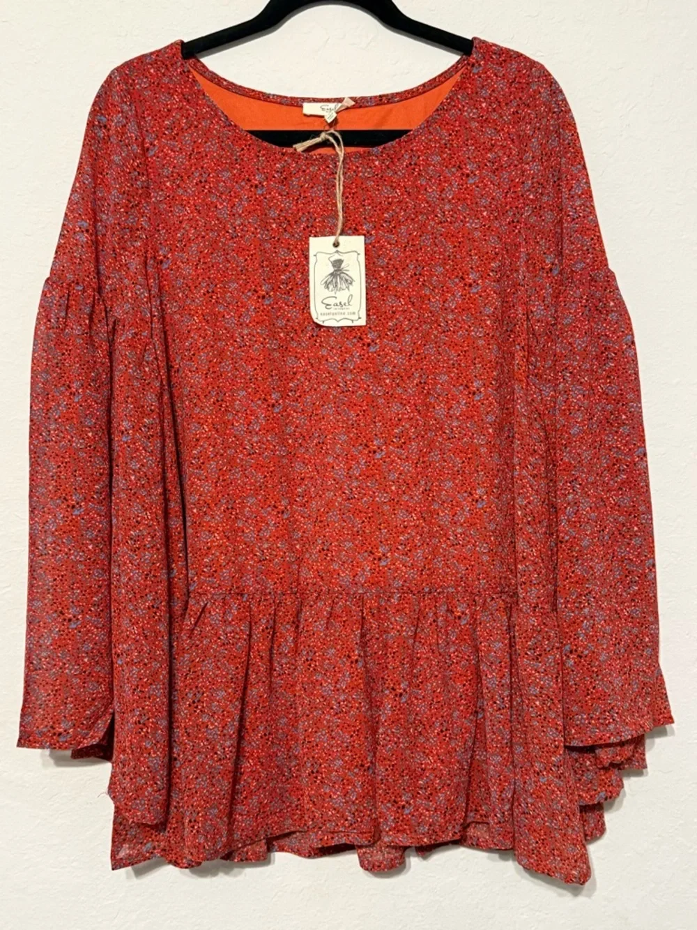 EASEL Boho flare/bell sleeve red chiffon peplum layered blouse - Picture 2 of 12